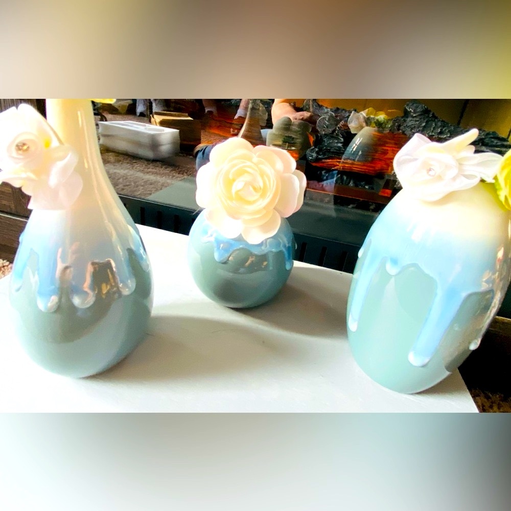 NWT Beautiful 3 Piece Contemporary Glazed Drip Pottery Set-Moss Light Green/Blue - Picture 6 of 16